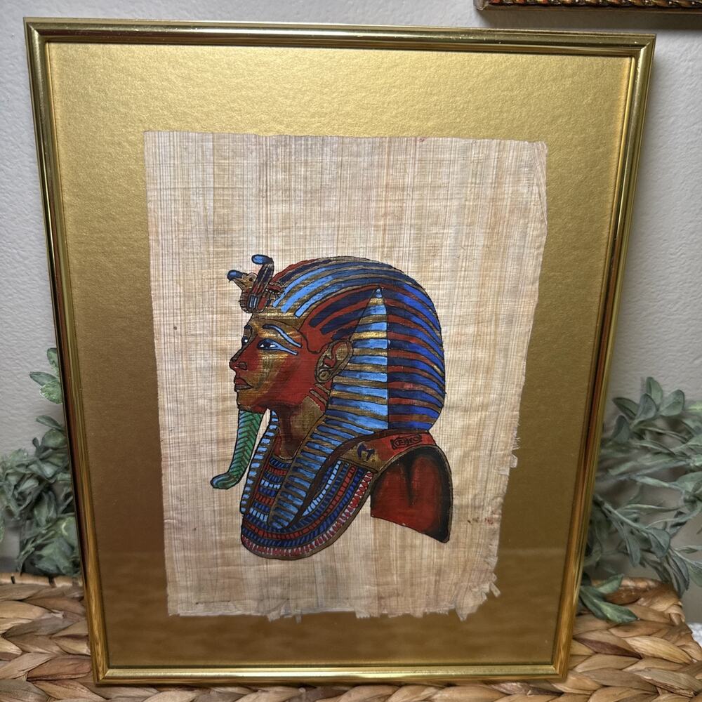Egyptian King Tut Hand Painted Papyrus Framed Ibis Giza Egypt Art 12x9.5" Vtg